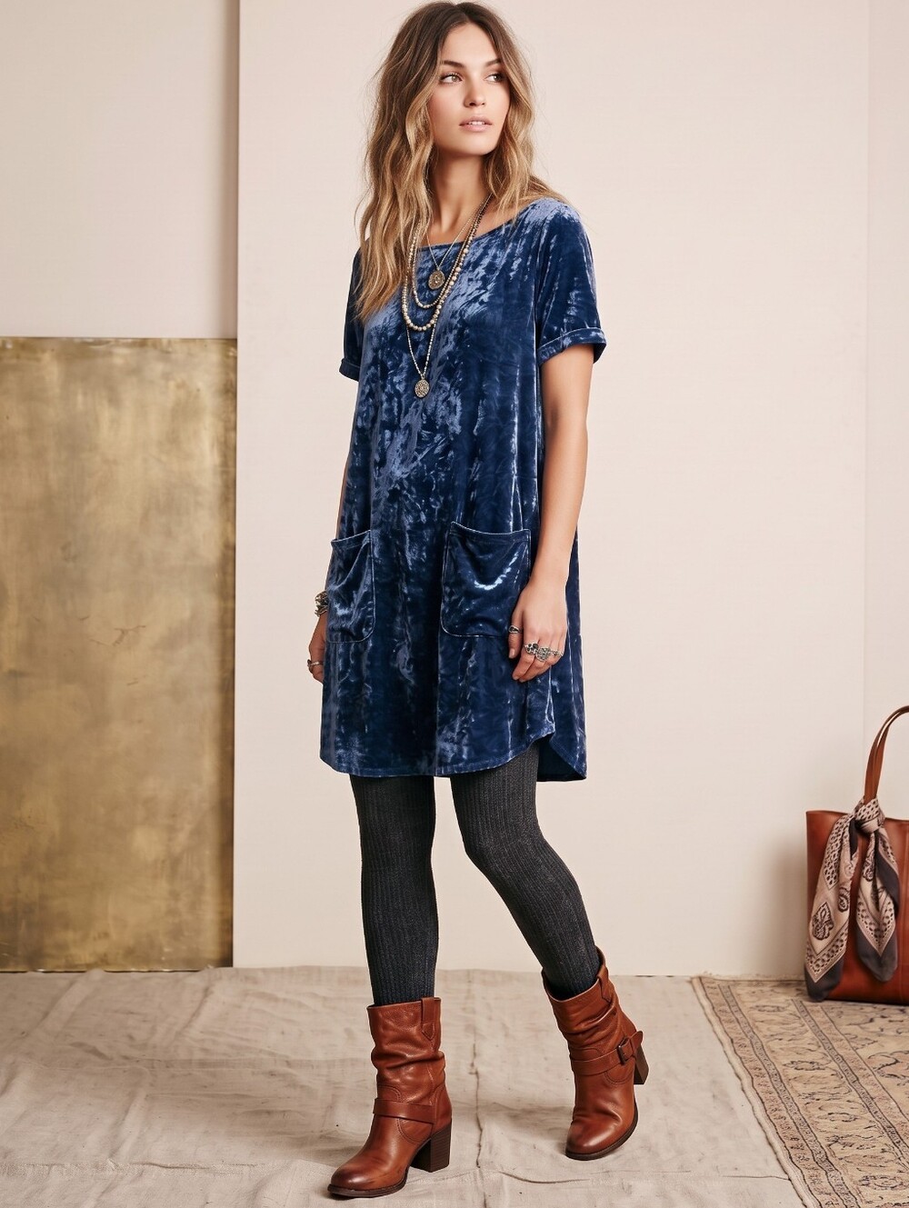 Anthropologie Floreat Navy Blue Crushed Crinkle Velvet Pocket Tunic Dress M